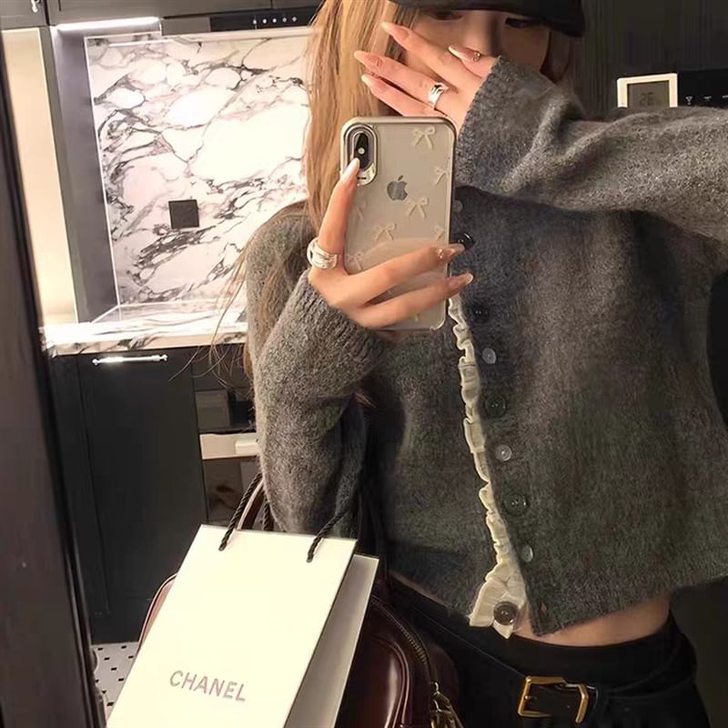 Ruffled Crew Neck Plain Knit Cardigan