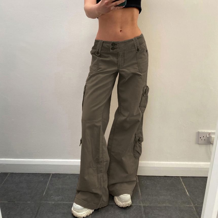 Low Waist Plain Pocket Straight-Fit Wide-Leg Cargo Pants