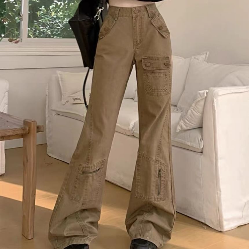 High Waist Washed Pocket Straight-Fit Boot-Cut Cargo Pants