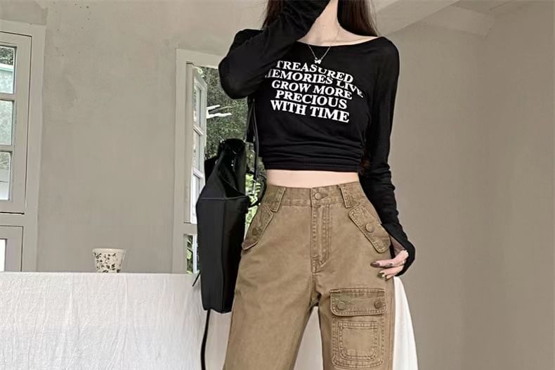 High Waist Washed Pocket Straight-Fit Boot-Cut Cargo Pants