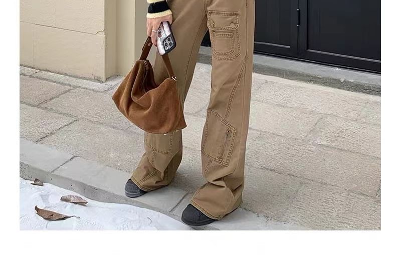 High Waist Washed Pocket Straight-Fit Boot-Cut Cargo Pants