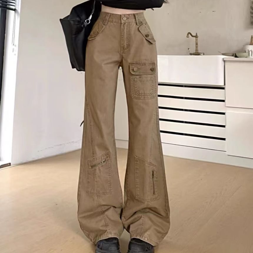 High Waist Washed Pocket Straight-Fit Boot-Cut Cargo Pants