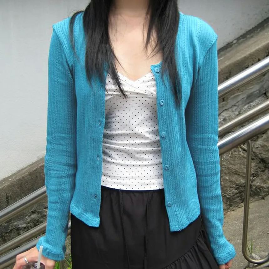 Scoop Neck Long Sleeve Ribbed-Knit Slim-Fit Cardigan