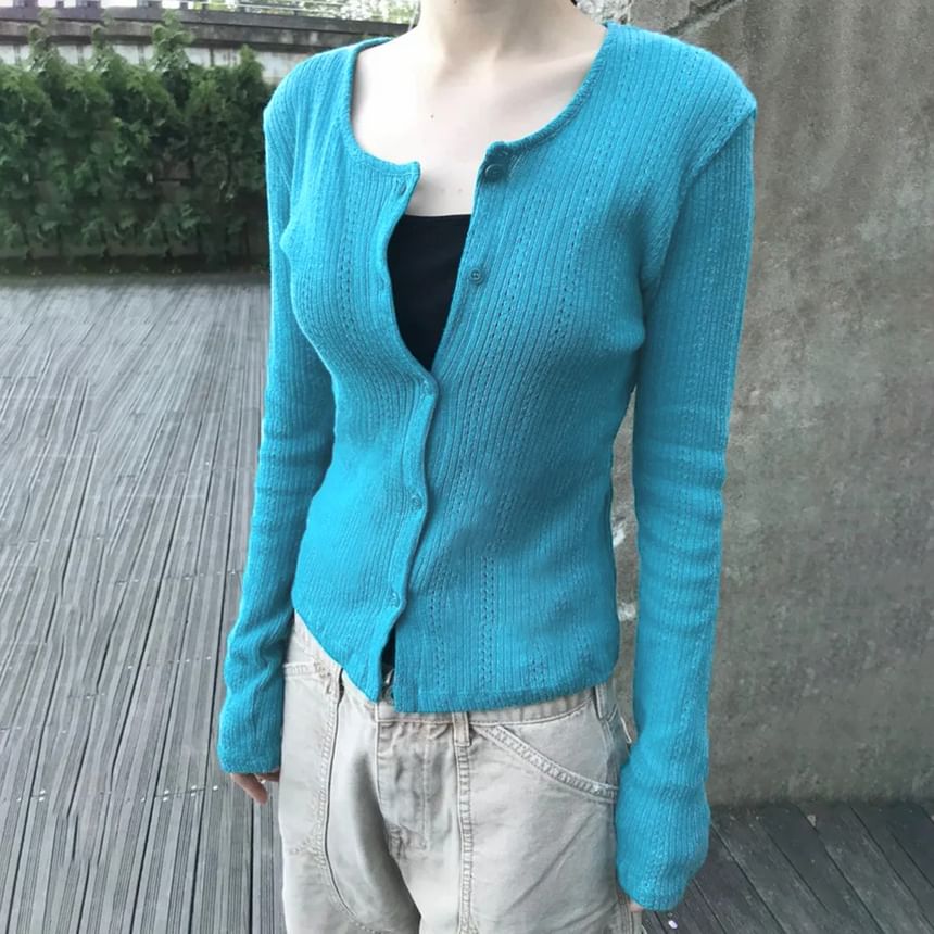 Scoop Neck Long Sleeve Ribbed-Knit Slim-Fit Cardigan