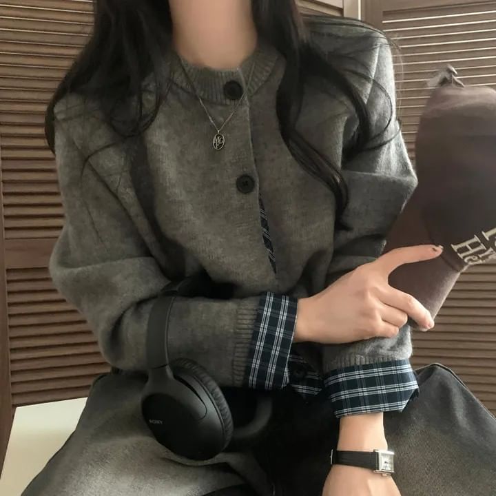 Plaid Panel Round Neck Cardigan