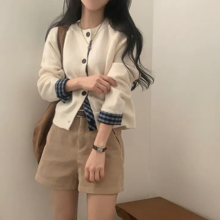 Plaid Panel Round Neck Cardigan