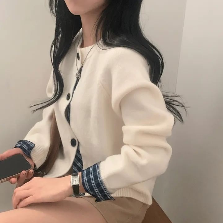 Plaid Panel Round Neck Cardigan