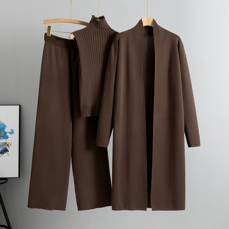 Ribbed Knit Turtleneck Tank Top & Open Front Cardigan & Drawstring Waist Wide Leg Pants Set