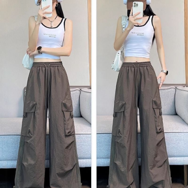 Drawstring Waist Plain Wide Leg Cargo Pants
