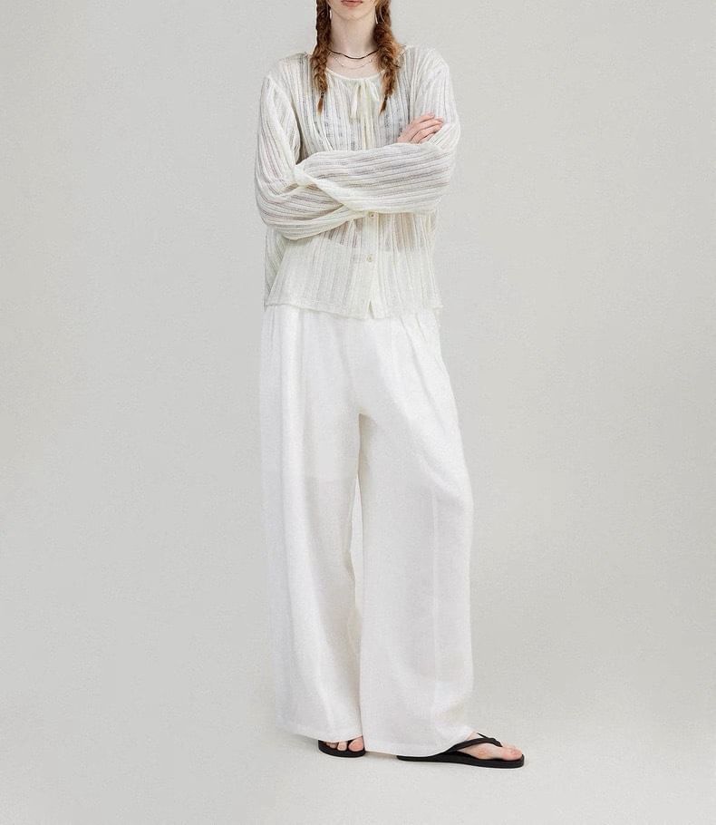 Plain Lace-Up Ribbed Cardigan