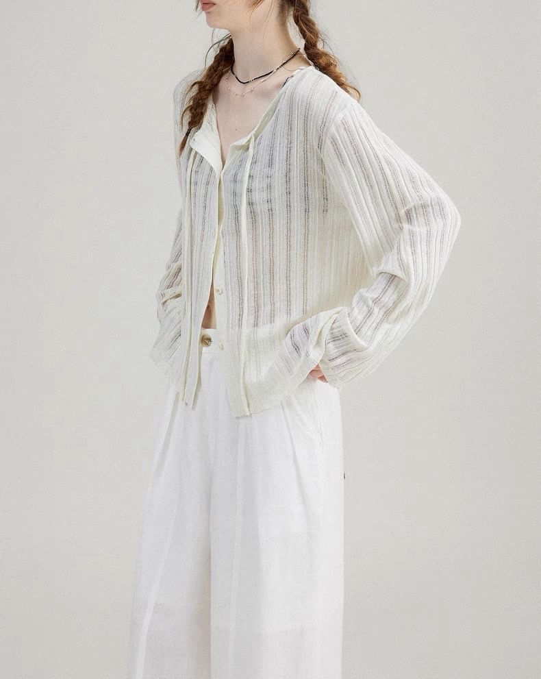 Plain Lace-Up Ribbed Cardigan