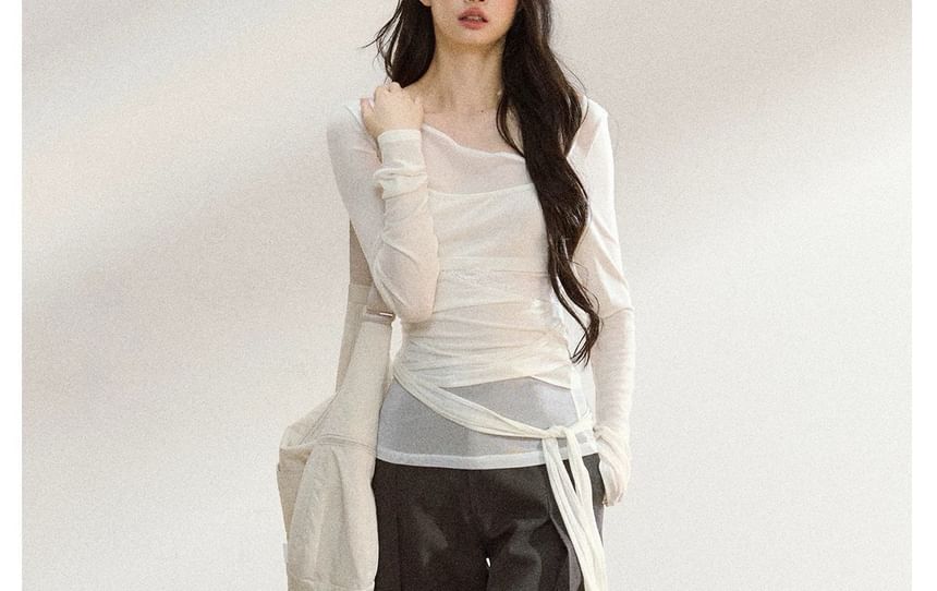 Long-Sleeve Asymmetrical Neck Plain Tie Waist Tee / High Rise Wide Leg Pants