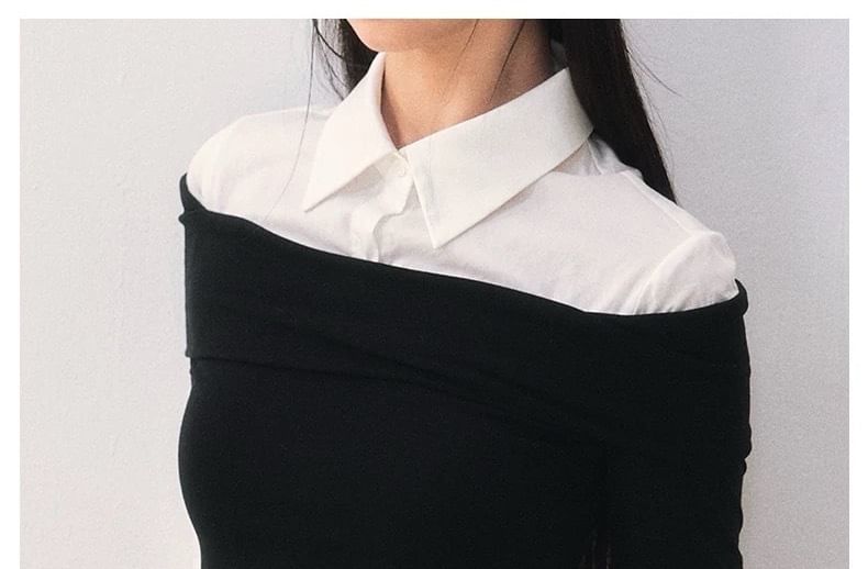 Elbow-Sleeve Collar Two Tone Mock Two-Piece T-Shirt