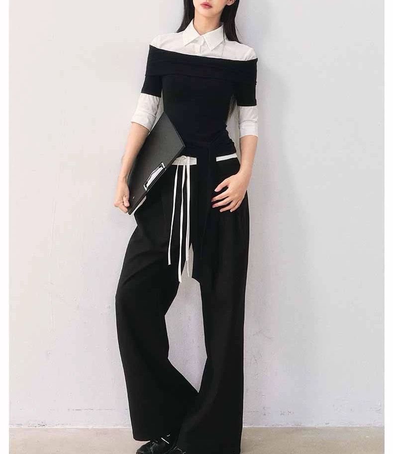 Elbow-Sleeve Collar Two Tone Mock Two-Piece T-Shirt