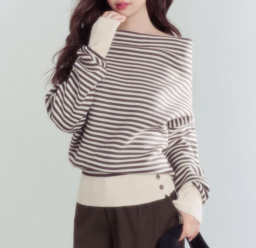 Off-Shoulder Striped Sweater / Mid Waist Plain Wide Leg Pants