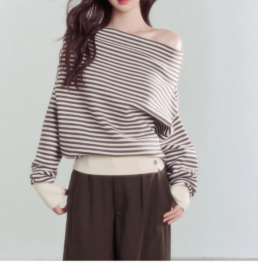 Off-Shoulder Striped Sweater / Mid Waist Plain Wide Leg Pants