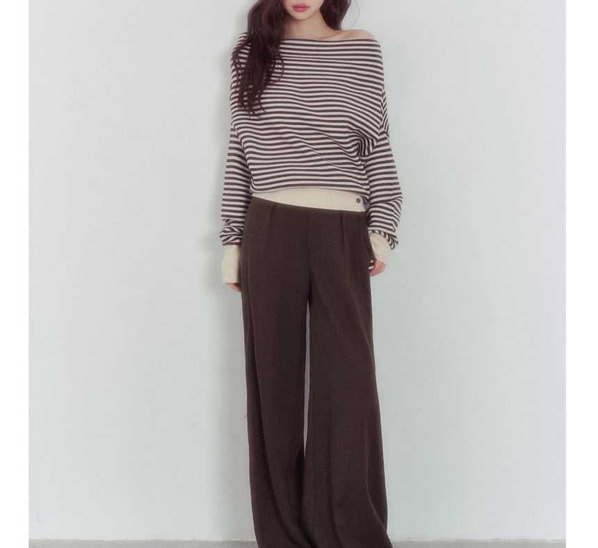 Off-Shoulder Striped Sweater / Mid Waist Plain Wide Leg Pants