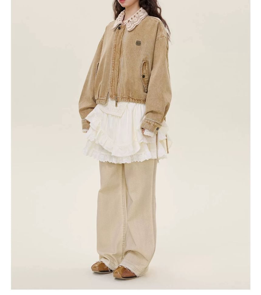 Drop-Shoulder Washed Denim Zip Jacket