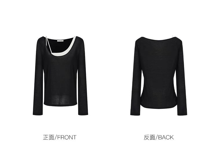 Set: Asymmetrical Neck Plain Tank Top + Long-Sleeve Scoop Neck Tee