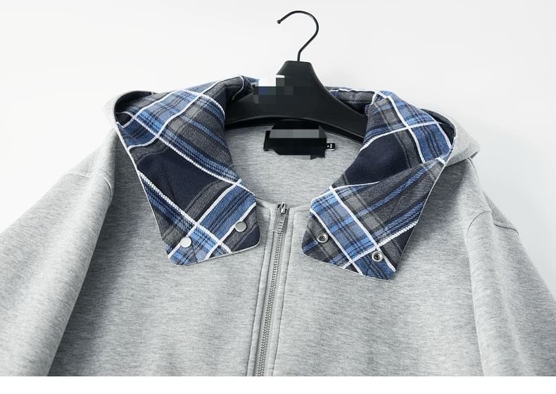 Plain Plaid Panel Hooded Zip Jacket
