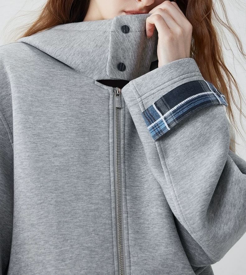 Plain Plaid Panel Hooded Zip Jacket