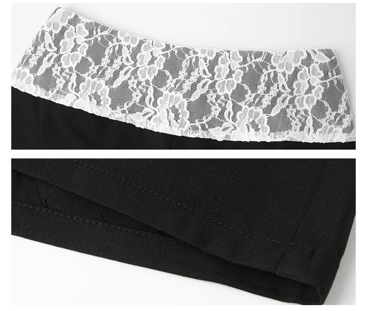 V-Neck Plain Contrast Trim Pointelle Knit Sweater / Low Rise Lace Trim Hot Pants