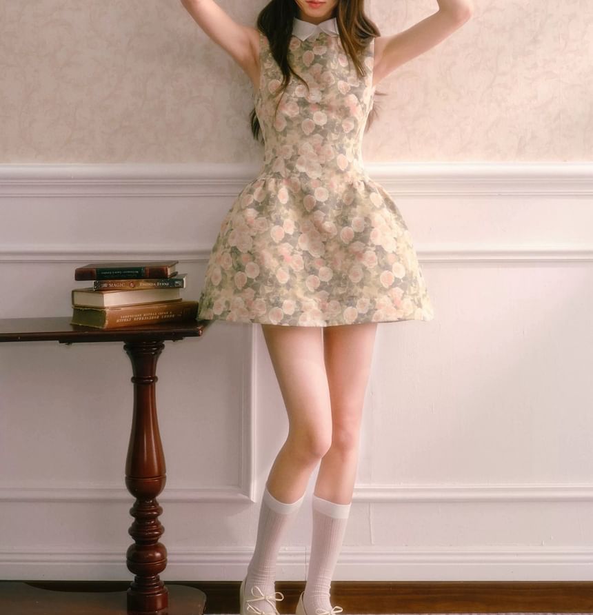 Sleeveless Collar Floral A-Line Dress