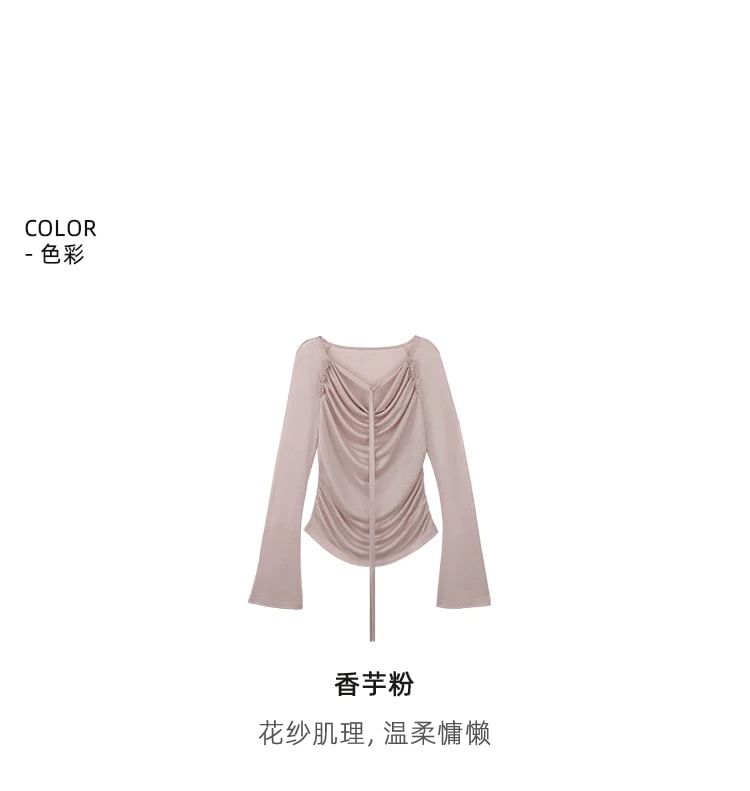 Long-Sleeve Cowl Neck Plain Ruched T-Shirt