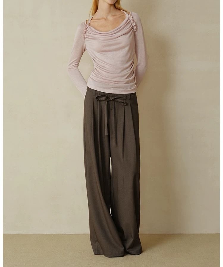 Long-Sleeve Cowl Neck Plain Ruched T-Shirt