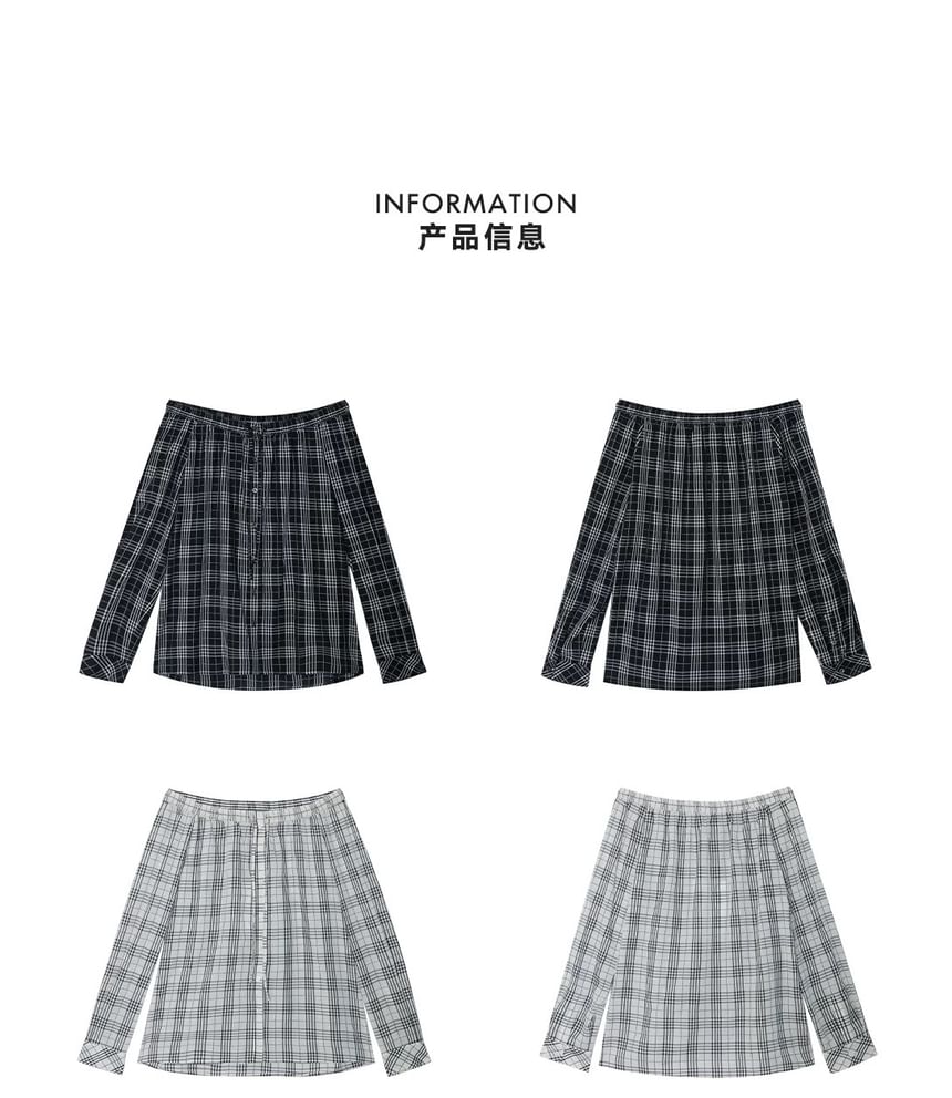 Long-Sleeve Off-Shoulder Plaid Blouse