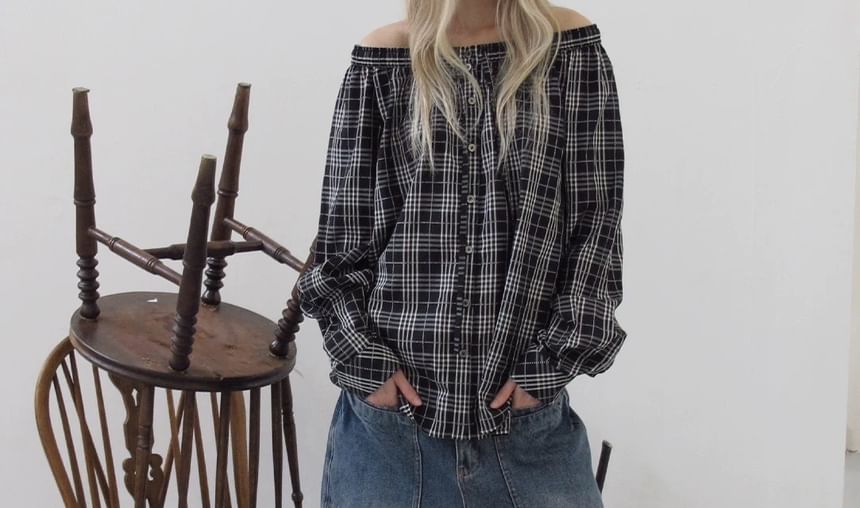 Long-Sleeve Off-Shoulder Plaid Blouse