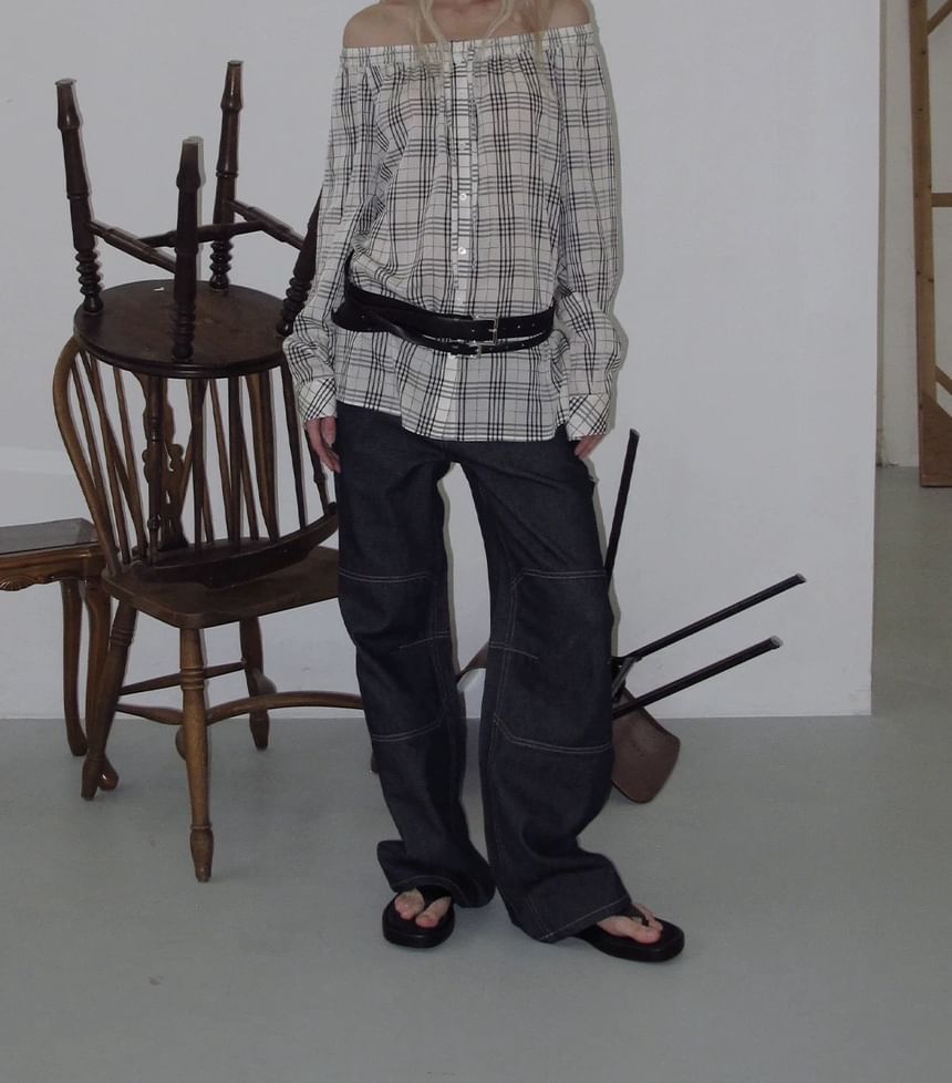 Long-Sleeve Off-Shoulder Plaid Blouse