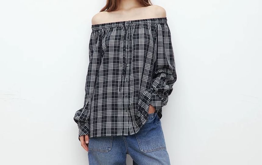 Long-Sleeve Off-Shoulder Plaid Blouse