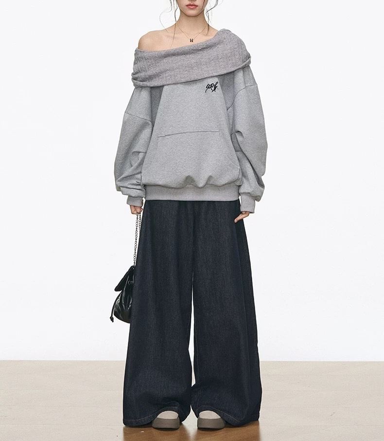 One-Shoulder Lettering Oversized Hoodie / High Waist Wide Leg Jeans