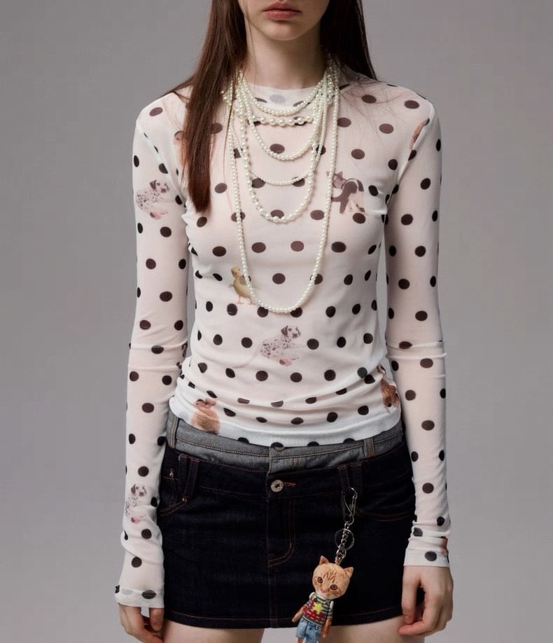 Long-Sleeve Crew Neck Dotted T-Shirt