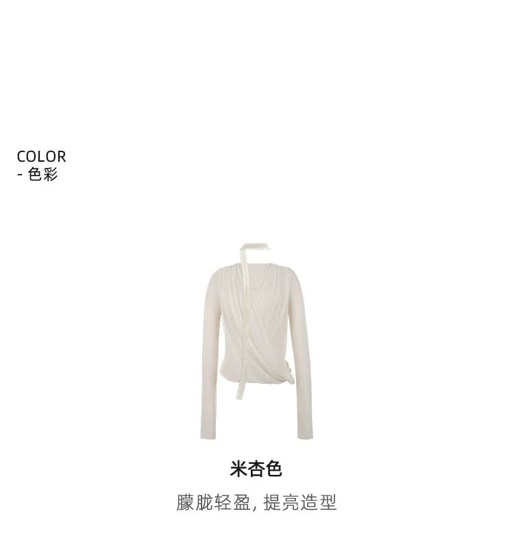 Long-Sleeve V-Neck Plain Mock Two-Piece Knit Top / Mid Rise Striped Wide Leg Pants