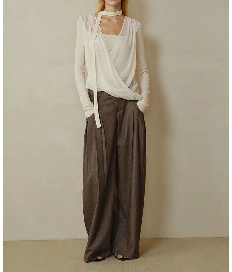 Long-Sleeve V-Neck Plain Mock Two-Piece Knit Top / Mid Rise Striped Wide Leg Pants