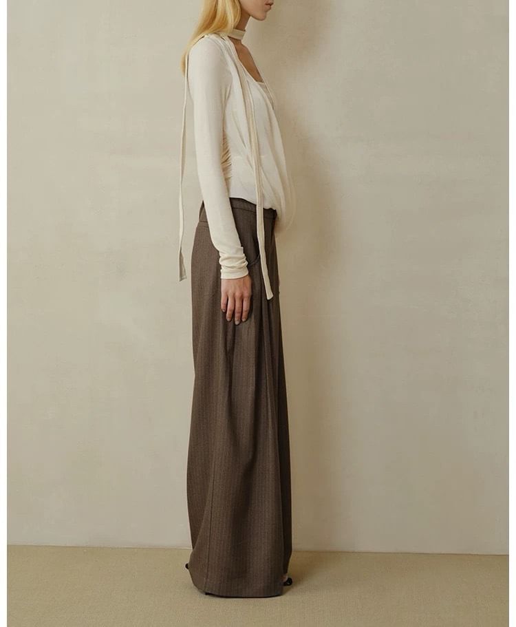 Long-Sleeve V-Neck Plain Mock Two-Piece Knit Top / Mid Rise Striped Wide Leg Pants