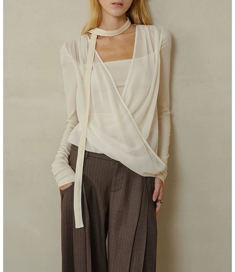 Long-Sleeve V-Neck Plain Mock Two-Piece Knit Top / Mid Rise Striped Wide Leg Pants