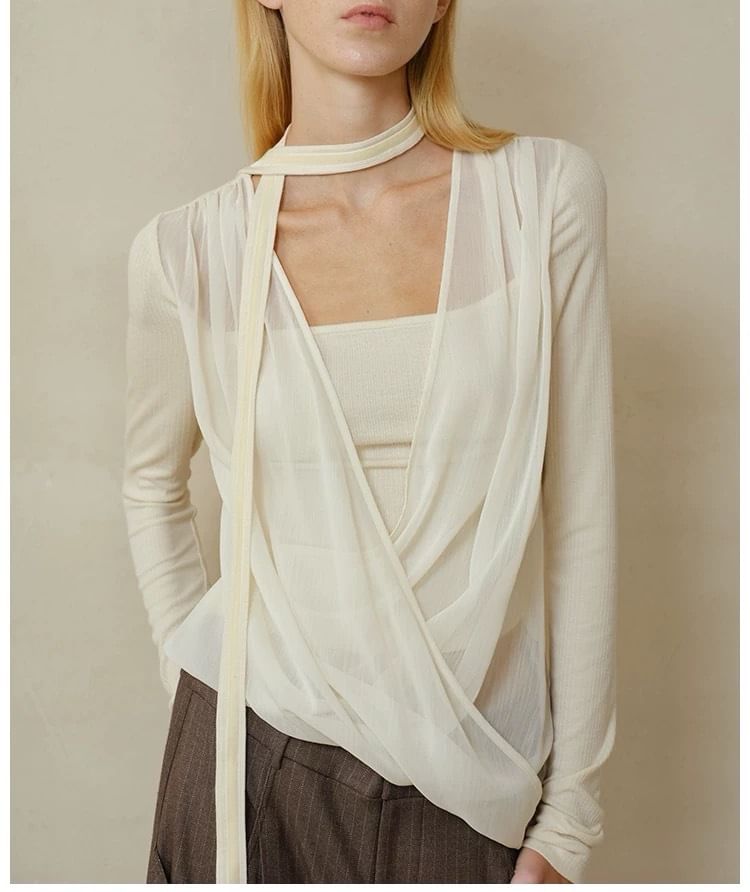 Long-Sleeve V-Neck Plain Mock Two-Piece Knit Top / Mid Rise Striped Wide Leg Pants