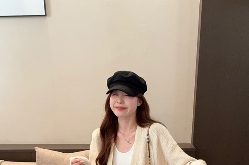 Textured Open Front Plain Knit Cardigan