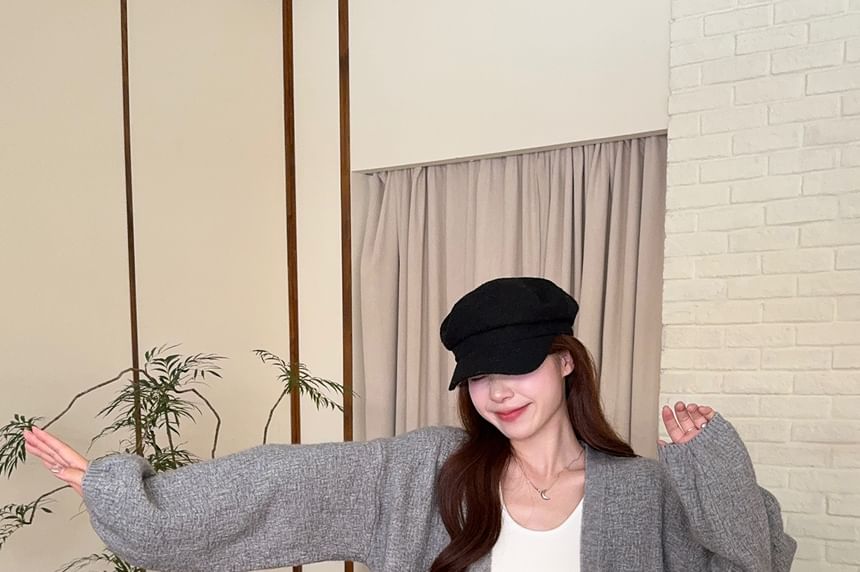 Textured Open Front Plain Knit Cardigan