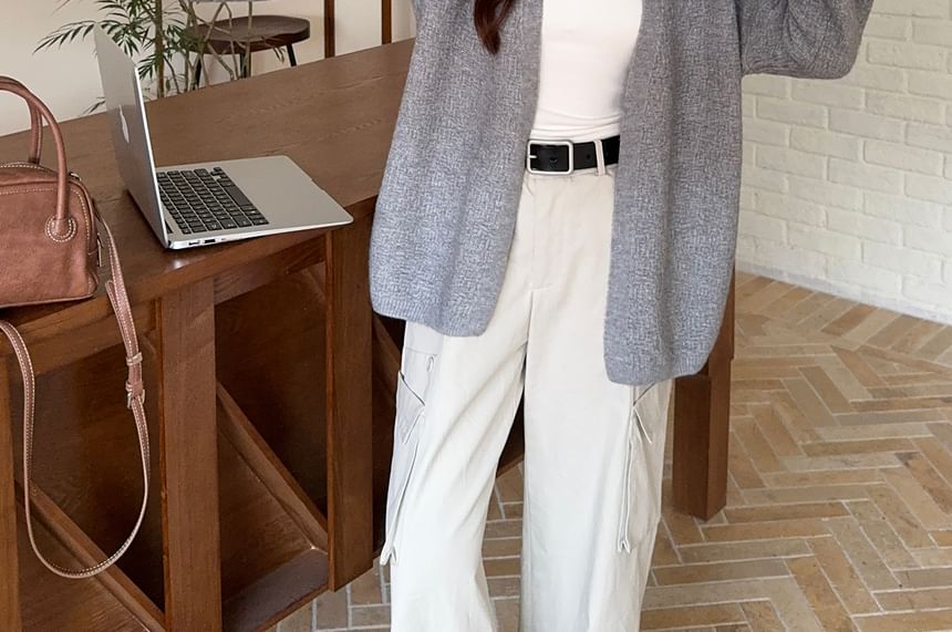 Textured Open Front Plain Knit Cardigan