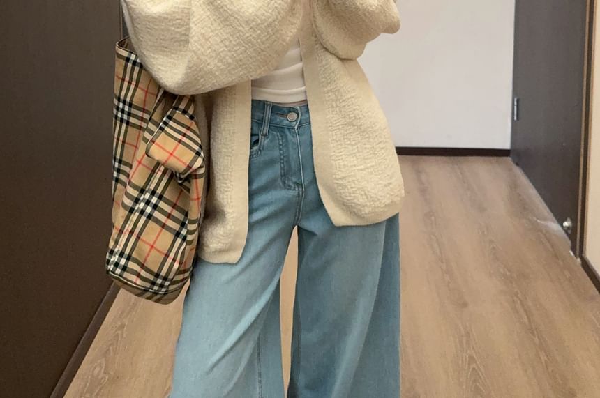 Textured Open Front Plain Knit Cardigan