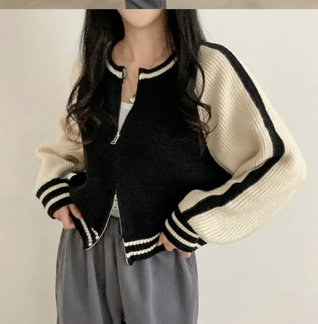 Two Tone Zip Front Cardigan