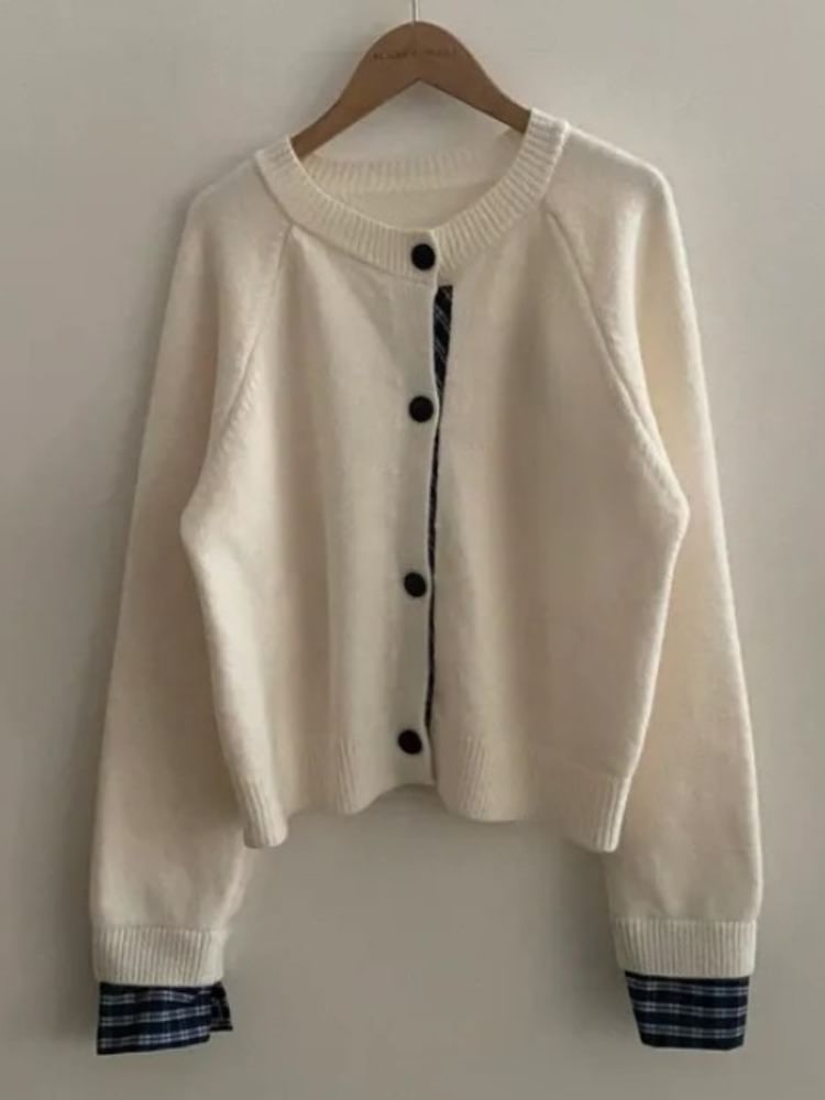 Plaid Trim Crewneck Button Cardigan