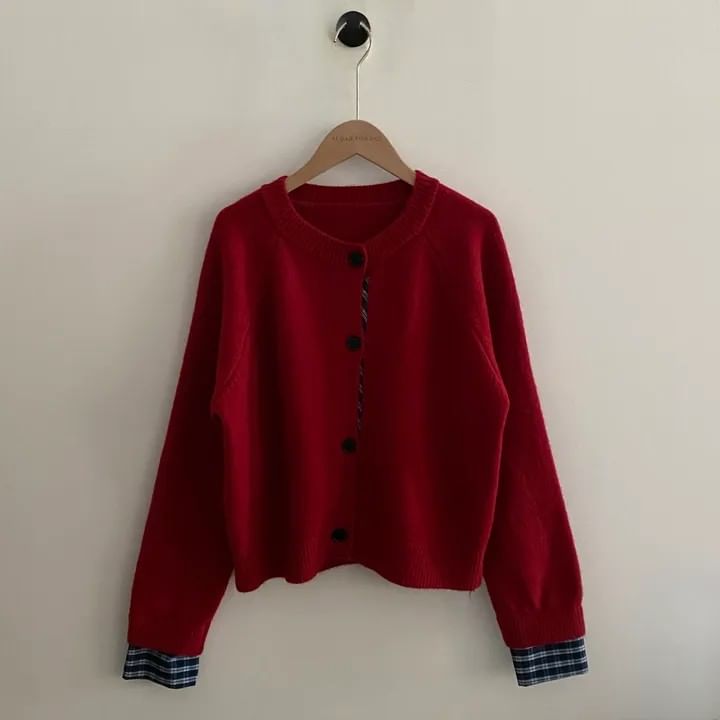Plaid Trim Crewneck Button Cardigan