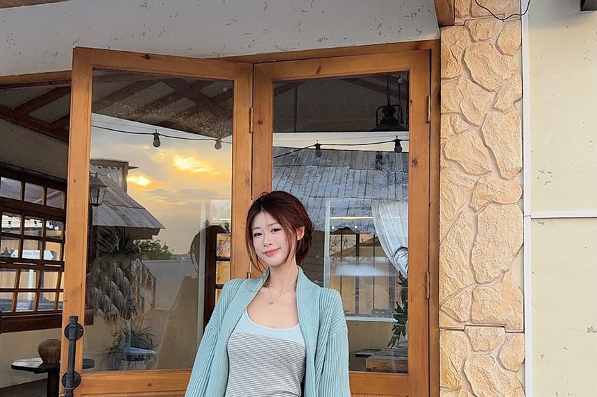 Ribbed Open Front Cardigan & Striped Panel Camisole Top & Drawstring Waist Flared Pants Set
