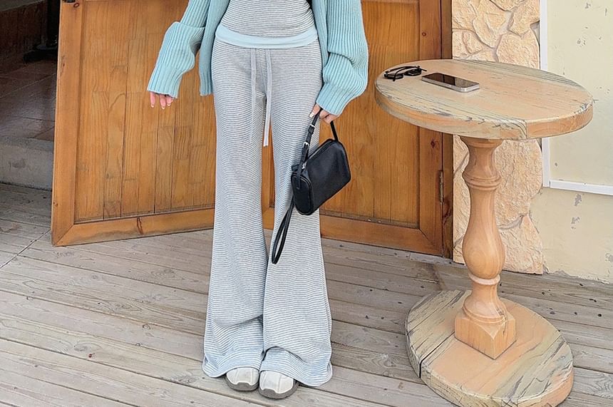 Ribbed Open Front Cardigan & Striped Panel Camisole Top & Drawstring Waist Flared Pants Set