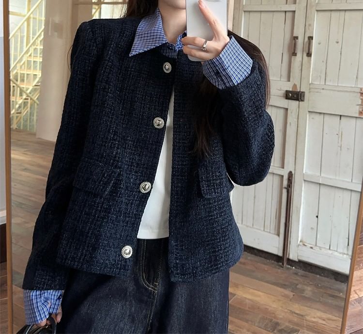 Collared Plaid Mock Two Piece Panel Tweed Button Jacket